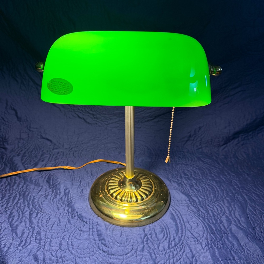 Vintage Bankers Lamp Green Hand Blown Glass Shade Brass Base Desk Task Light